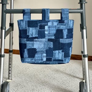 Blue Patchwork Walker Caddy, Ready to Ship, Handmade Tote Bag w/Pockets, Unisex Senior Gift Organizer Carryall