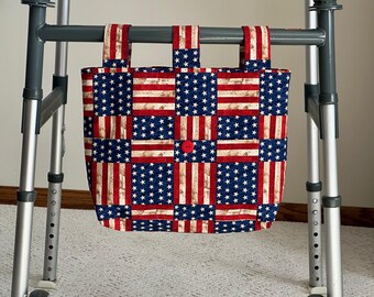 Handmade Stars & Stripes Walker Bag, Ready to Ship, Patriotic Tote Caddy w/Pockets, Senior Gift Organizer Carryall