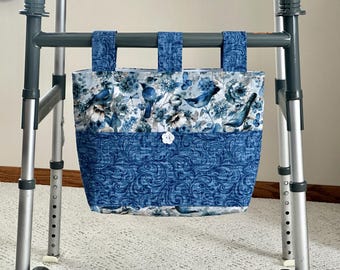 Handmade Walker Caddy With Birds, Ready to Ship,  Gift Bag Tote Purse w/Pockets & 3 Straps, Senior Organizer Carryall