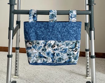Handmade Walker Caddy With Birds, Ready to Ship, Bag Tote Purse w/Pockets & 3 Straps, Senior Organizer Carryall