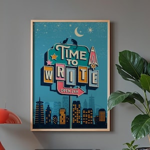 May include: A teal cabinet with a red mushroom-shaped lamp, a black radio, and a framed poster that says "Time to Write." Potted plants in various sizes are arranged around the cabinet. The poster features a cityscape.