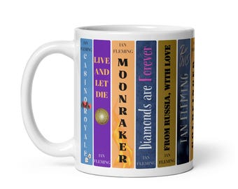James Bond Bookshelf Mug | Ian Fleming 007 Novels Coffee Cup | Spy Thriller Present | Book Lover Gift | Literary Collector Mug