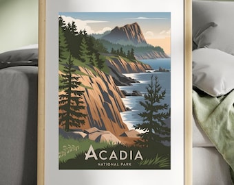 Póster de viaje vintage del Parque Nacional Acadia / Arte mural digital / Póster retro imprimible / Descarga instantánea
