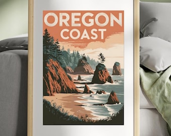 Póster de viaje vintage de la costa de Oregón / Arte mural digital / Póster retro imprimible / Descarga instantánea