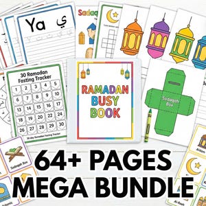 May include: A collection of colorful Ramadan-themed educational materials, including a "Ramadan Busy Book" and various activity sheets. The image features a fasting tracker, flashcards, and a green Sadaqah Box, with the text "64+ PAGES MEGA BUNDLE".