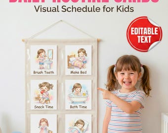 Editable Girls Daily Routine Cards ,Watercolor Visual Schedule for Kids ,ADHD Morning,Bedtime Checklist ,Montessori Toddler Chore Chart PDF