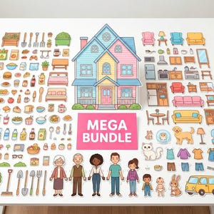 Op de afbeelding: Een kleurrijke illustratie van een huis, meubels, voedsel en familiefiguren. De afbeelding bevat verschillende objecten, zoals een bed, een bank en keukenapparatuur. De tekst "MEGA BUNDLE" wordt weergegeven op een roze rechthoek.