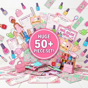 Könnte beinhalten: Eine farbenfrohe Illustration mit Nagellackflaschen, Spa-Elementen und Papierpuppen. Das Bild enthält Terminformulare, Geschenkgutscheine und ein Schild mit der Aufschrift „Nail Salon Open“. Ein großer rosa Kreis zeigt „Huge 50+ Piece Set!“