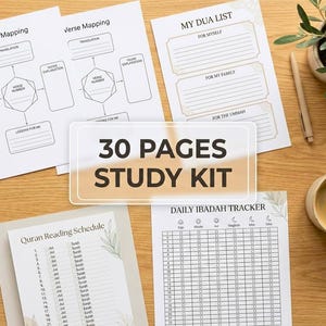May include: A study kit with 30 pages, including verse mapping, a Dua list, and a daily ibadah tracker. The kit also includes a Quran reading schedule. A cup of coffee and a pen are also on the wooden surface.