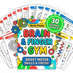 Peut inclure: Un ensemble de 30 feuilles de travail "Brain & Finger Gym" avec du texte et des graphiques colorés. Le texte de la couverture indique "Boost Motor Skills & Focus!" et "Ultimate Bundle!". Les feuilles de travail comprennent des labyrinthes et des activités.