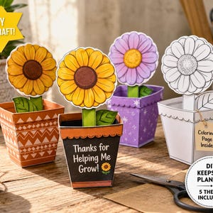 May include: DIY keepsake planter craft kit with five themes. The kit includes paper flower cutouts in various colors and designs, including sunflowers and daisies, with pots and leaves. One pot reads "Thanks for Helping Me Grow!"