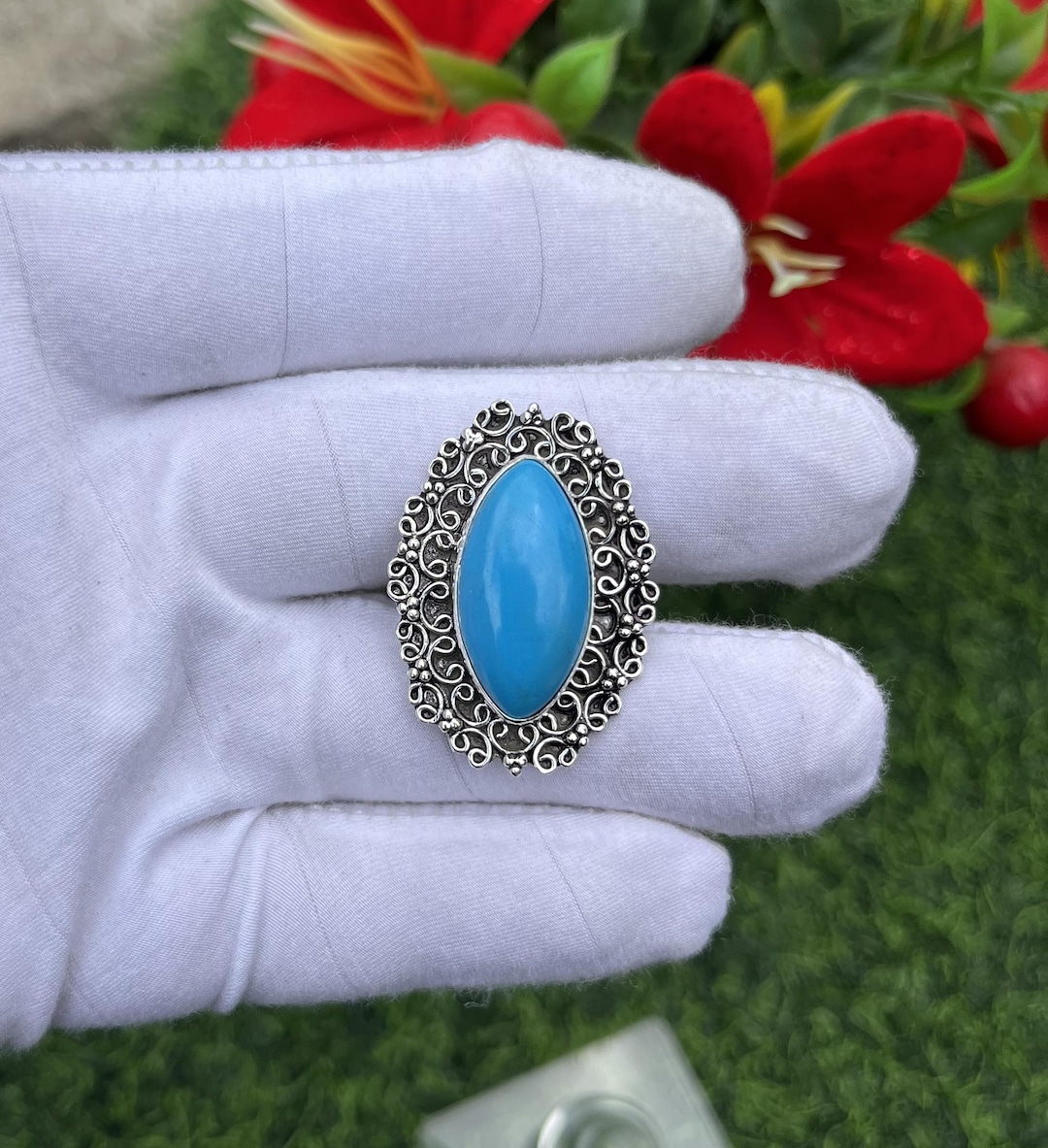 Vintage-style Oval Synthetic Turquoise Blue Stone Ring With Ornate ...
