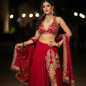 Crimson and Gold Zari Embroidered Lehenga