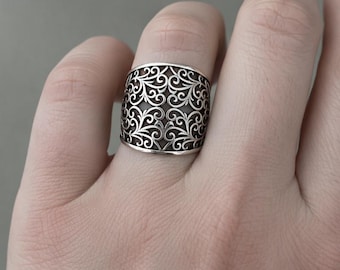 Handmade Sterling Silver Filigree Ring | Wide Boho Silver Band | Vintage Floral Scroll Ring | Artisan Gift for Valentine day