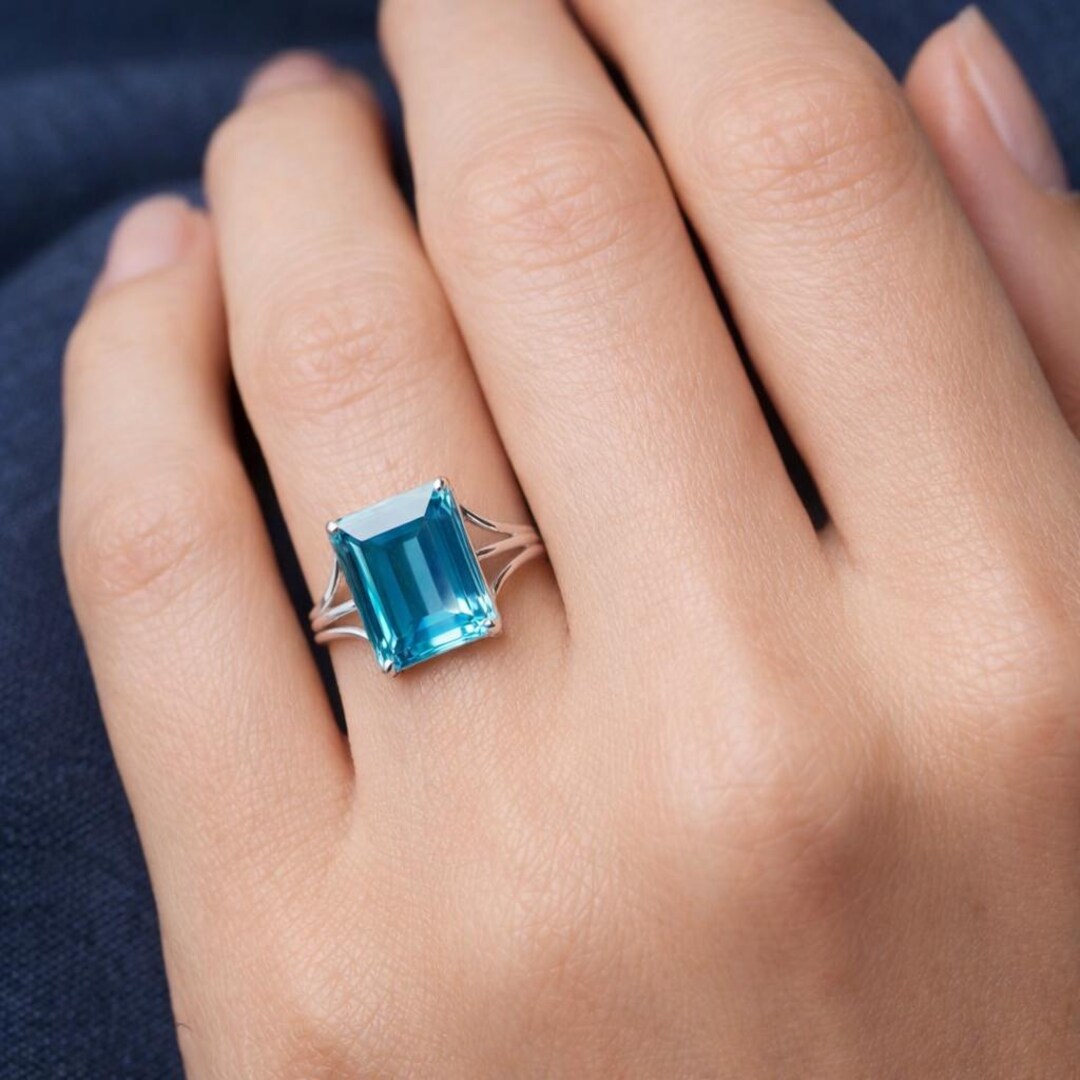 Exquisite Blue Topaz Emerald Cut Sterling Silver Ring Gift for Her - Etsy