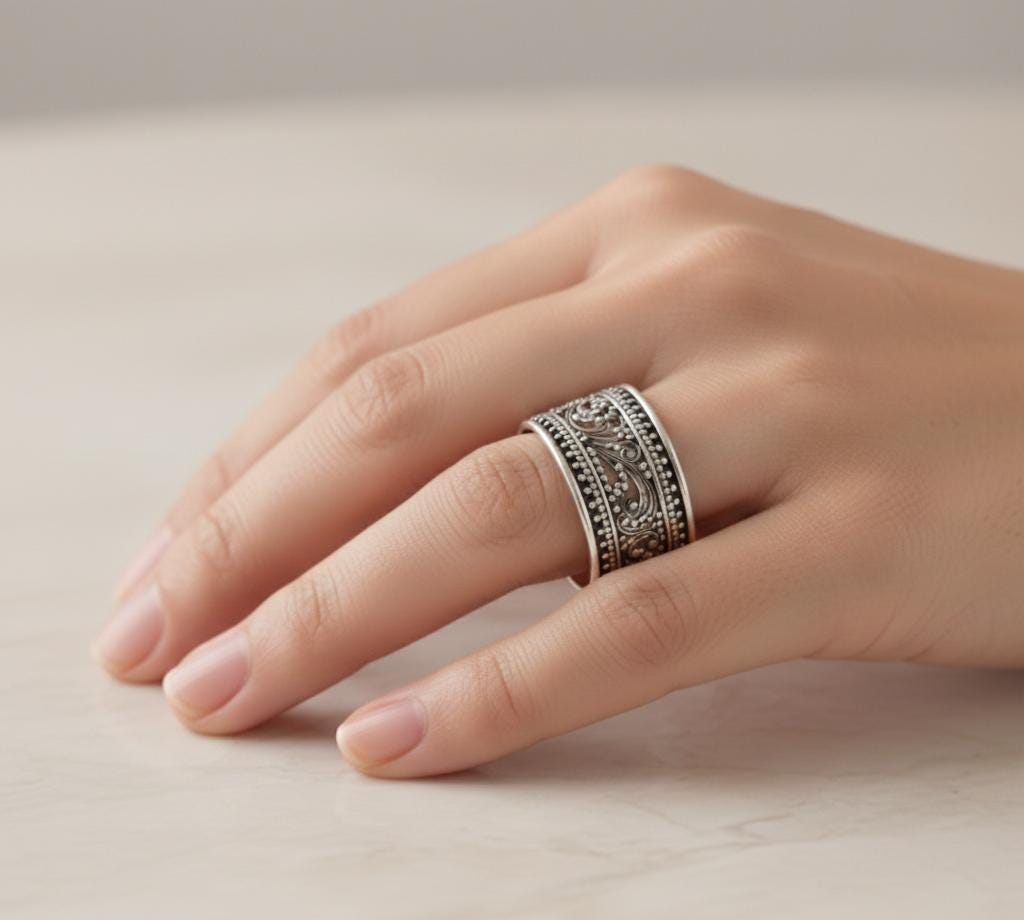 Oxidized Sterling Silver Filigree Ring - Wide Band Boho Floral Jewelry ...