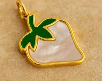 Sweet Strawberry Charm Necklace, Delicate Mother of Pearl & Gold Pendant Gift for her