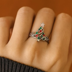 Christmas Tree Ring | Sterling Silver, Red & Green Gemstones