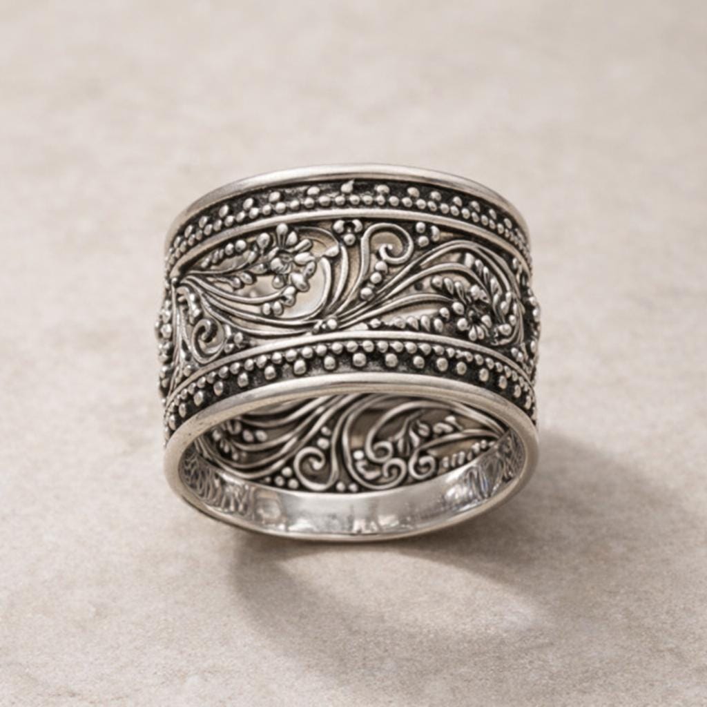 Oxidized Sterling Silver Filigree Ring - Wide Band Boho Floral Jewelry ...