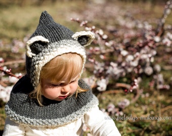 Hooded Cowl Knit Pattern - Kid Bear Hooded Cowl Knitting Pattern - Child Raccoon Pattern - Child Knitting Pattern - Kid Animal Hat Pattern