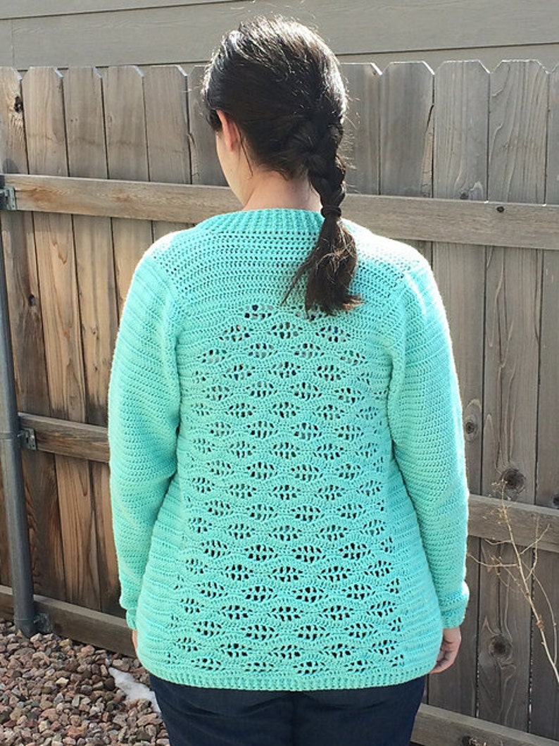 May include: A teal crochet sweater with a lacy openwork design on the back.