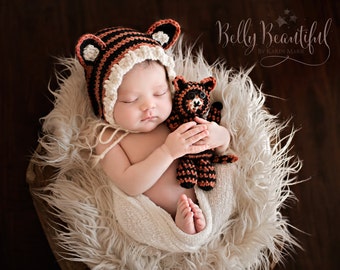 Tiger Bonnet and Stuffie Set Crochet Pattern - Sizes Newborn Baby through 1-3 Year Toddler Included - Instant Digital Download