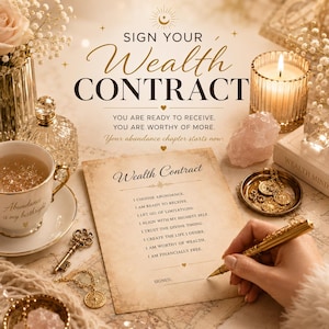 Puede incluir: Una composición con un "Contrato de Riqueza" con texto, una taza de té, una vela encendida y detalles dorados. El contrato enumera afirmaciones. Las palabras "Sign Your Wealth Contract" están en la parte superior.