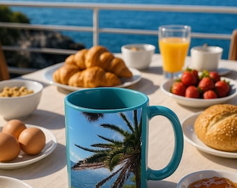 Koffiemok Tropical Vibes, koffiekopje oceaanzicht, reismok, cadeau voor strandliefhebbers, zomerdecor