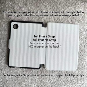 May include: A black and white striped tablet case with a circular camera cutout. Text reads: Please make sure you know the difference between all case styles before placing your order. If any questions feel free to message seller! Full Print + Strap, Full Print No Strap, Only front cover magnet (NO magnet on the back!), Double Magnet + Strap refers to double-sided magnets for full print style.