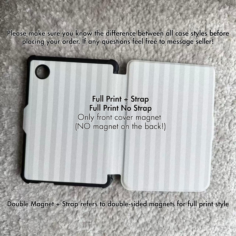 May include: A black and white striped tablet case with a circular camera cutout. Text reads: Please make sure you know the difference between all case styles before placing your order. If any questions feel free to message seller! Full Print + Strap, Full Print No Strap, Only front cover magnet (NO magnet on the back!), Double Magnet + Strap refers to double-sided magnets for full print style.