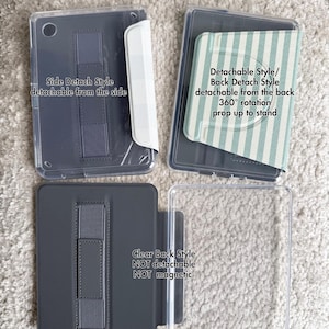 May include: Four tablet cases showing different configurations. Top left: clear case with side-detachable flap. Top right: clear case with back-detachable striped flap. Bottom left: gray case with hand strap. Bottom right: clear case with no attachments.