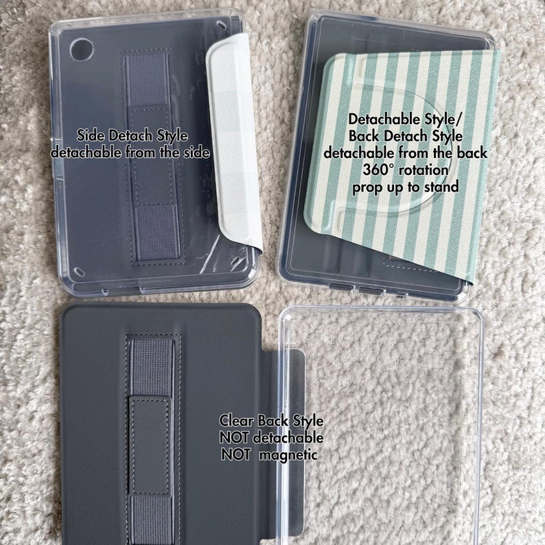 May include: Four tablet cases showing different configurations. Top left: clear case with side-detachable flap. Top right: clear case with back-detachable striped flap. Bottom left: gray case with hand strap. Bottom right: clear case with no attachments.