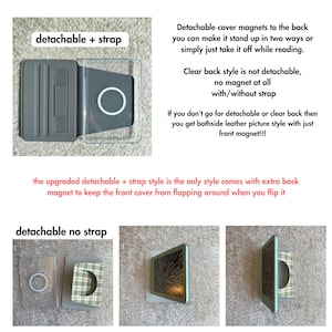 May include: A gray detachable cover with a strap and a clear back case. The text on the image says "detachable + strap" and "detachable no strap". The cover has a magnetic feature to keep the front cover from flapping around.
