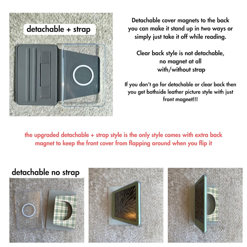 May include: A gray detachable cover with a strap and a clear back case. The text on the image says "detachable + strap" and "detachable no strap". The cover has a magnetic feature to keep the front cover from flapping around.