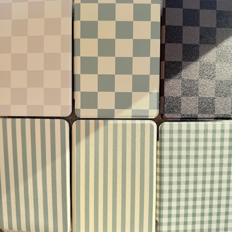 May include: Six square and rectangular items with various patterns. Top row features checkered patterns in beige, light blue, and dark gray. Bottom row has striped and gingham patterns in light blue and green.
