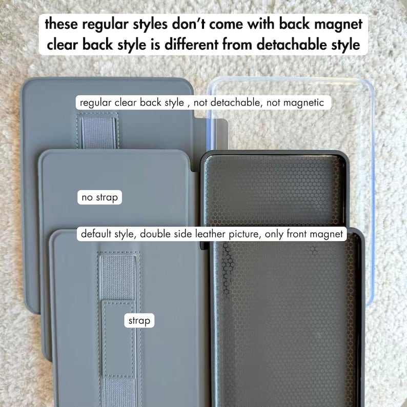 May include: An assortment of tablet cases in various styles. The cases are primarily gray, with a clear back case visible. Text on the image describes features such as "no strap" and "strap" options, and "double side leather picture".