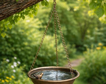 Metal Bird Bath with Bird Statue – Hanging Birdbath for Outdoor | Garden Rustic Bird Bath Bowl with Chains for Patio