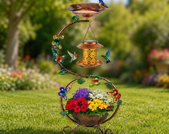 3-in-1 Metal Birdbath with Planter and Solar Bird Feeder - Garden Ornaments