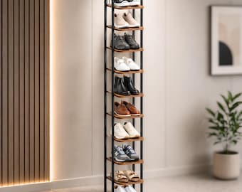 10 Tier Vertical Shoe Rack Organizer – Tall Narrow Shoes Shelf | Adjustable Shoe Storage With Hooks