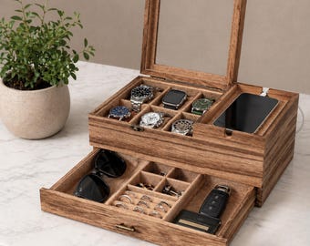 6-Slot Wooden Watch Box Organizer for Men | Jewelry Box with Drawer and Glass Display