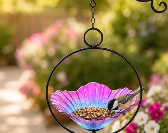 Hanging Birdbath for Outdoors | Pink Flower Bird Bath for Garden Decor & Glass Bird Feeder Lawn Yard Decoration