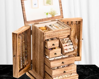 Rustic Wooden Jewelry Organizer | 5 Drawer, Mirror, Ring Holder