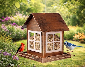 Hanging Metal Bird Feeder: Rustic House-Shaped, Large Capacity Home Decor