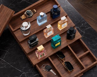 Walnut Cologne Organizer for Men | 4 Tier Perfume Holder with Drawer and A Hidden Compartment