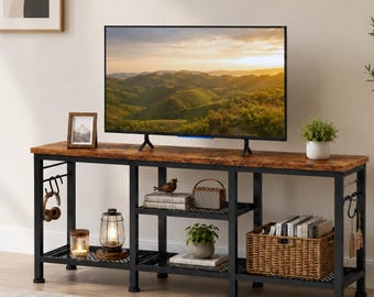 Farmhouse TV Stand with Open Storage Shelves – 55 Inch Console Table with Wood Grain Top & Metal Frame