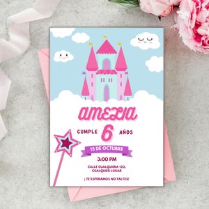 Zaproszenie Cumpleaños Niña Princesa, hiszpańskie zaproszenie na przyjęcie urodzinowe, edytowalny i cyfrowy szablon Canva do pobrania