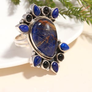 Blue Rutilated Quartz & Lapis Gemstone Ring Silver Statement Jewelry