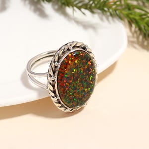 Fire Opal Oval Ring • Silver Boho Statement Ring • Rainbow Sparkle Jewelry