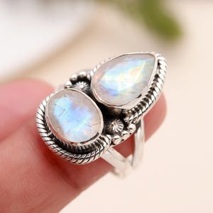 925 Silver Rainbow Moonstone Ring • Double Stone Statement Boho Jewelry