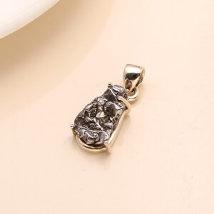 May include: A pendant featuring a textured, dark gray stone set in a gold-colored metal frame. The stone has a rough, irregular surface. The pendant has a loop at the top for a chain.